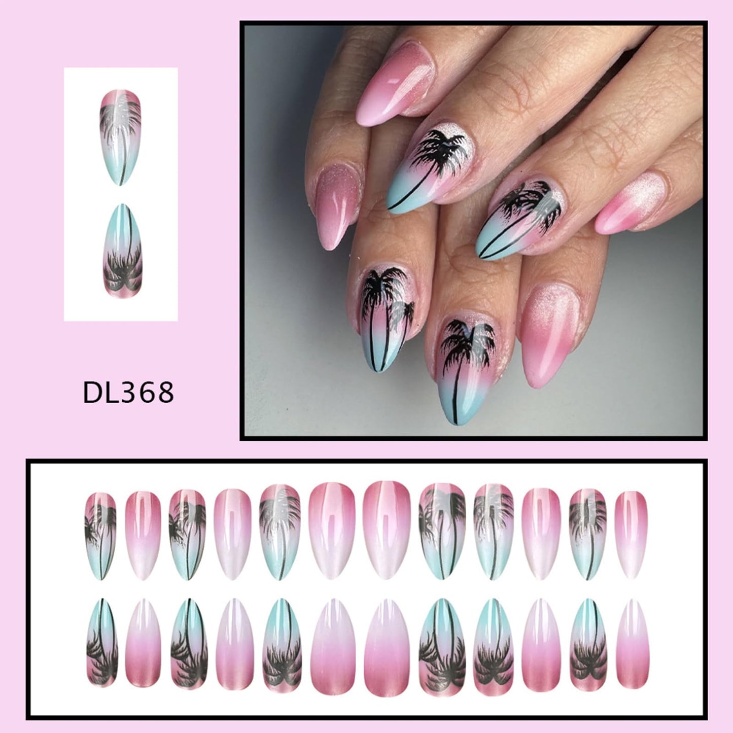 Summer Press on Nails Almond Medium Fake Nails with Pink Coconut Tree Designs Glossy Glitter Acrylic Nails Press ons, 24Pcs Reusable Stick on Nails for Women Beach Vacation Daily Wear