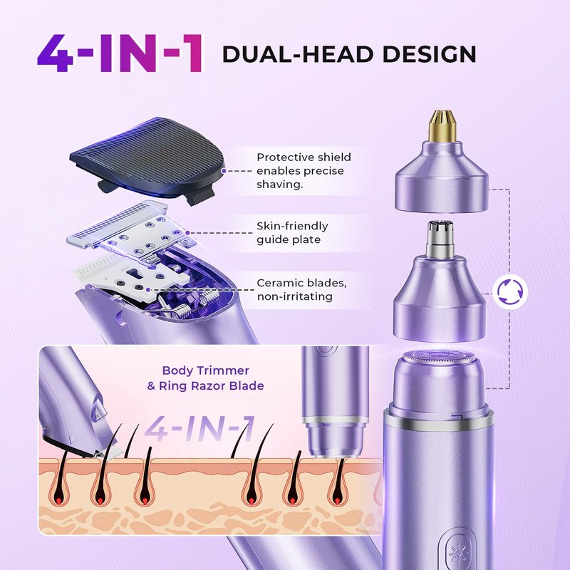 4 in 1 Bikini Trimmer for Women, Electric Razors for Women - Dual Head, Wet & Dry Use Pubic Body Hair Trimmer Electric Shavers, Rechargeable Womens Facial Razors for Legs, Nose, Armpits, Bikini Area