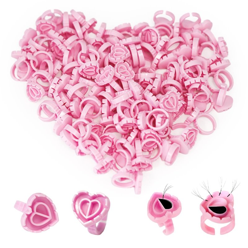MIUXIA 300Pcs Glue Rings Lash Glue Rings for eyelash extention Supplies Lash Tech Holder Lovely Pink Heart Shape