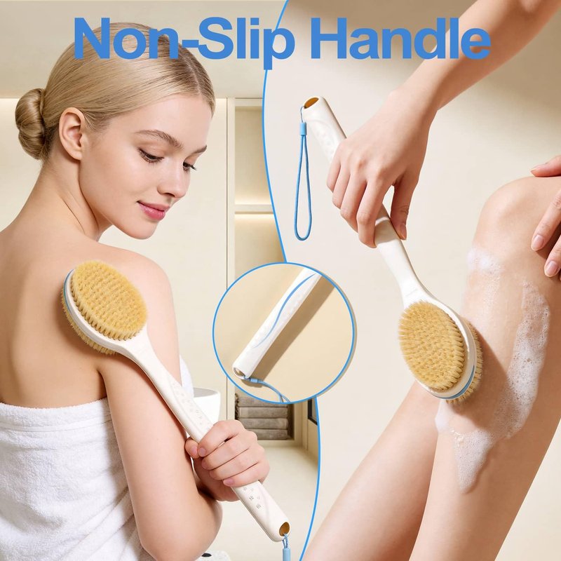 BUBBLEDANCE® Back Scrubber for Shower with Extendable Long Handle (17.5-31.9"), Dual-Sided Shower Brush with Natural Stiff & Soft Bristles, Anti-Slip Body Exfoliator for Bath & Dry Brushing