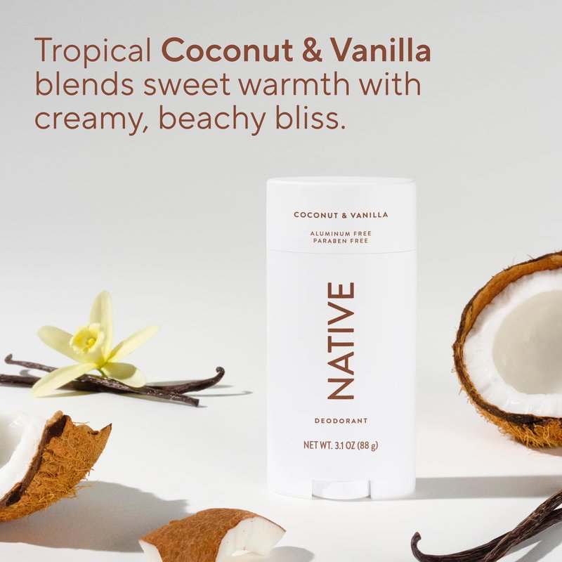 Native Aluminum Free Deodorant, Coconut & Vanilla, Large Size Stick, 72 Hour Odor Control, for Women & Men, Contains Naturally Derived Ingredients, 3.1 oz