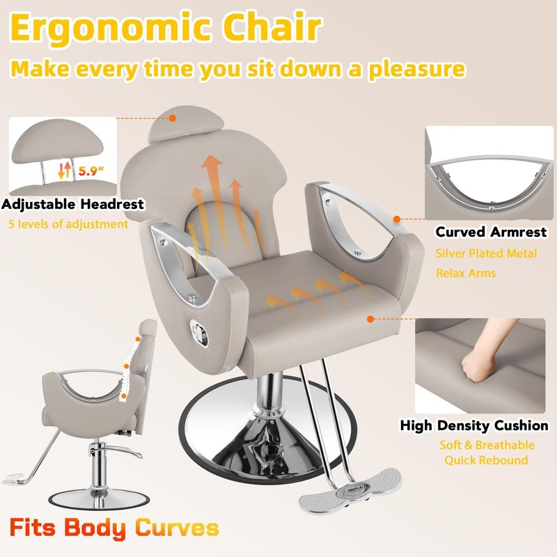 Reclining Salon Barber Chair - Heavy Duty Hydraulic Pump | 360° Swivel Styling Chair in Light Gray Silver