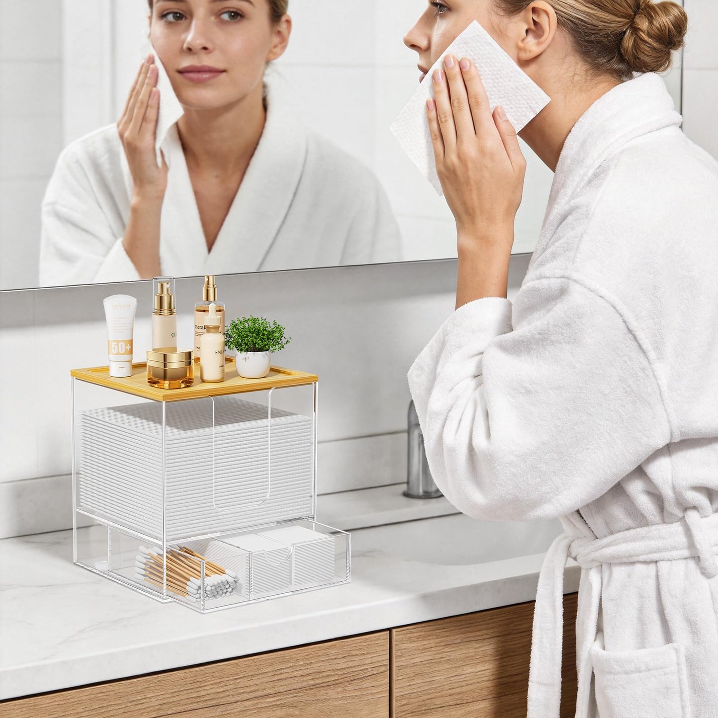 VITVITI Disposable Face Towel Holder for Clean Skin Club, Acrylic Bamboo Facial Towel Holder Box with Drawer, XL Face Towels Container for Bathroom Vanity Makeup, Clear