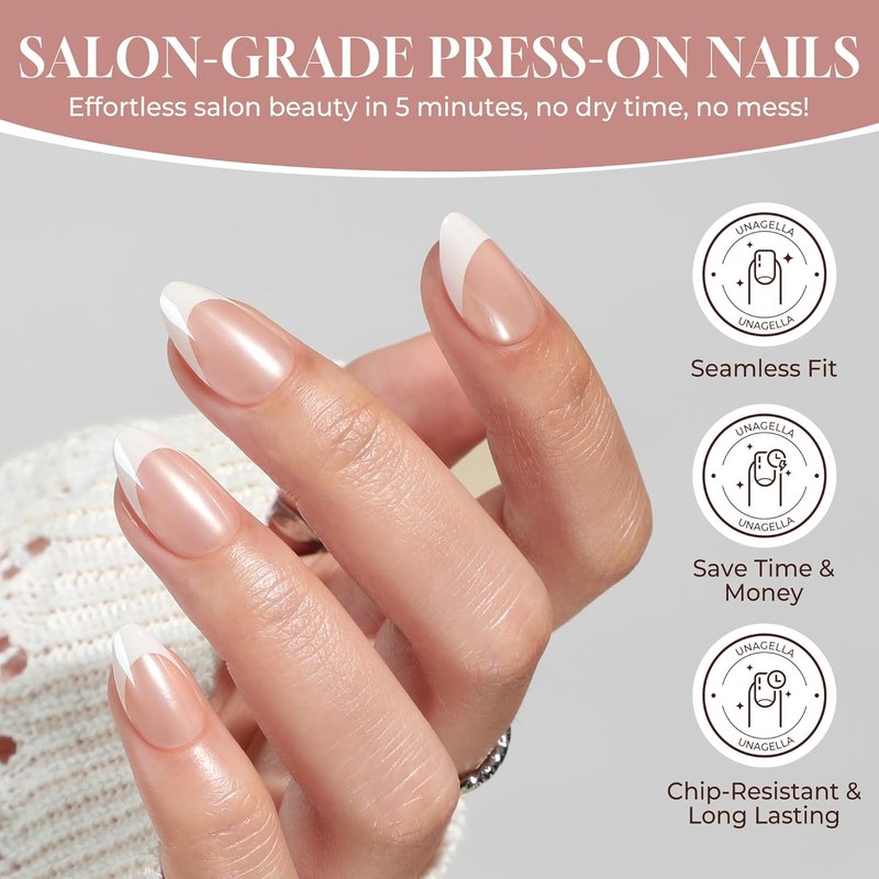 **Press On Nails - Almond French Tip Soft Gel Kit | 32 Reusable Chrome Fake Nails, 16 Sizes**