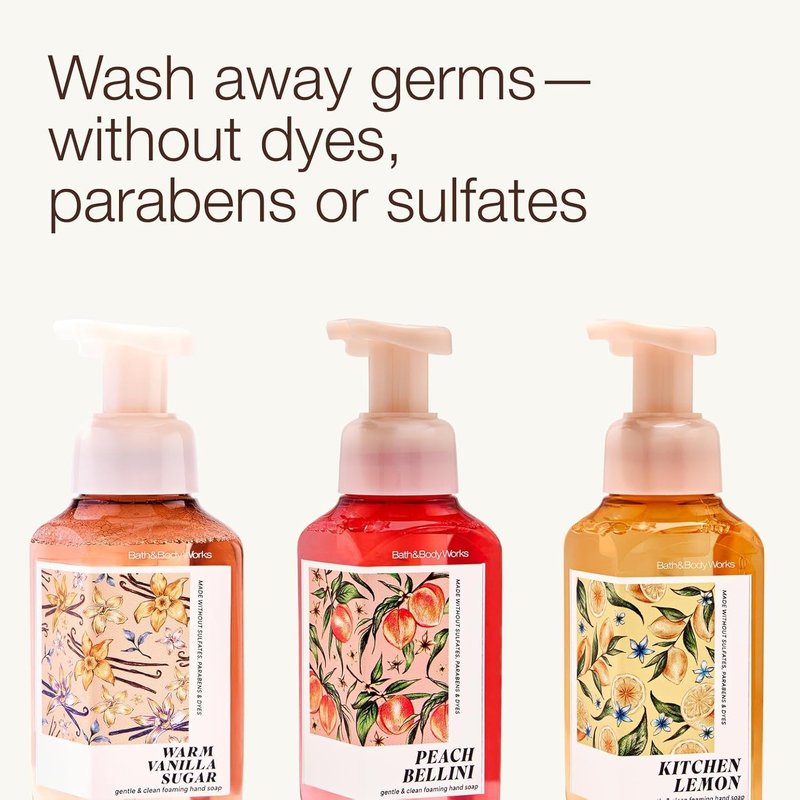 Bath & Body Works Foaming Hand Soap Bundle - Warm Vanilla Sugar, Peach Bellini & Kitchen Lemon - Gentle Cleansing Formula & Thoughtful Gift
