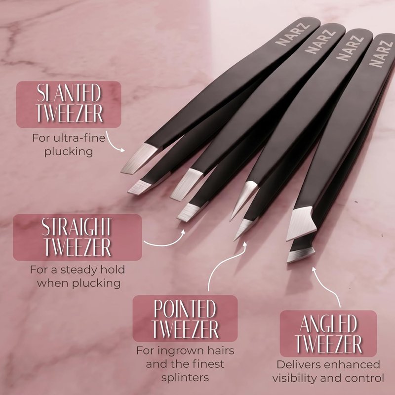 NARZ Professional Stainless Steel Tweezers Set - Precision Facial Hair & Eyebrow Tweezers for Men & Women | Black 4-Piece Set