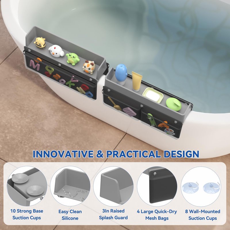 Silicone Bathtub Splash Guard 2-Pack with 10 Suction Cups & Hanging Mesh Shower Caddy, Tub Topper Splash Guard for Kids Bath Tub Water Guard Bathtub Ledge Guard with Detachable Mesh Shower Organizer