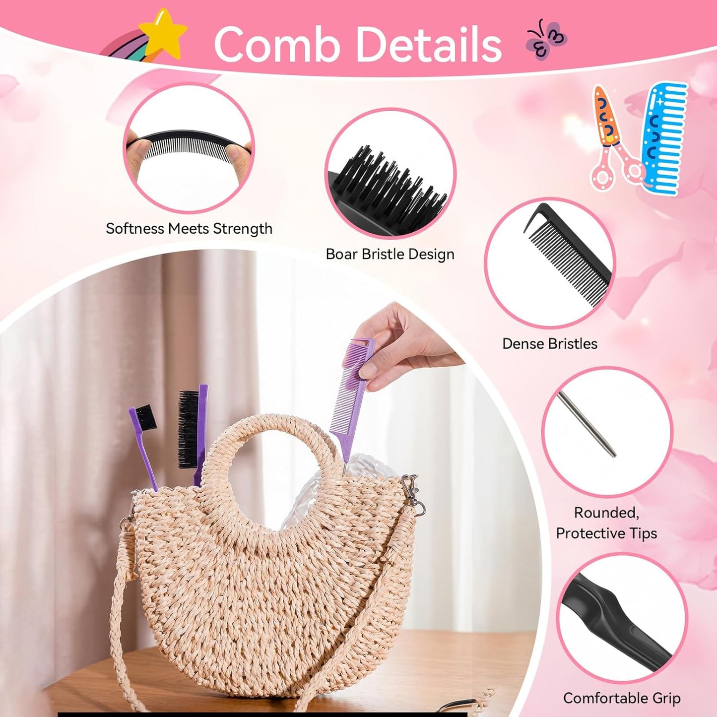 Slick Back Hair Brush Set - 12-Piece Teasing & Styling Comb Kit | Includes Gift Bag & Thank You Card