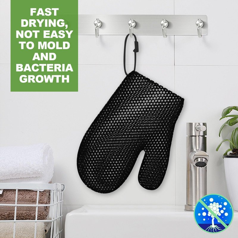 Honeycomb Exfoliating Bath Gloves - Microfiber for Enhanced Blood Circulation & Soft, Smooth Skin for All Skin Types (Black - Glove)