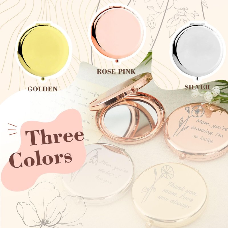 RSQGT Personalized Compact Mirror Custom Engraved with Birth Flowers and Text, Dual-Sided Small Mirror for Travel, Purse Bridesmaid Wedding Birthday Gift for Mom Friend Sister (Rose)
