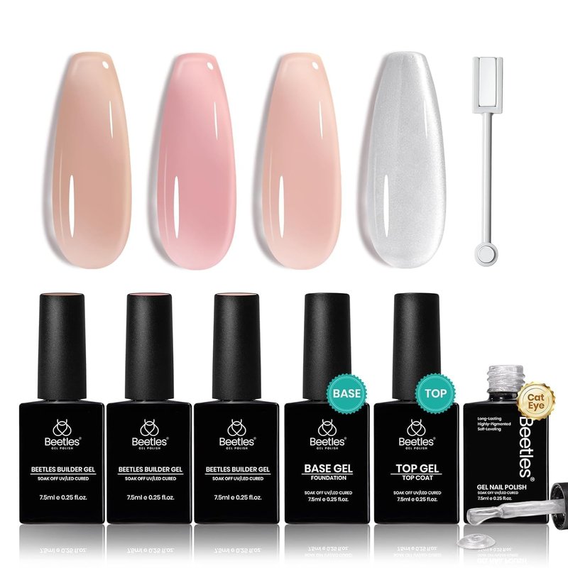 Beetles Builder Gel Set - 8-in-1 Strengthening Apex Nail Extension Kit | Silver Cat Eye Gel, UV & LED Compatible