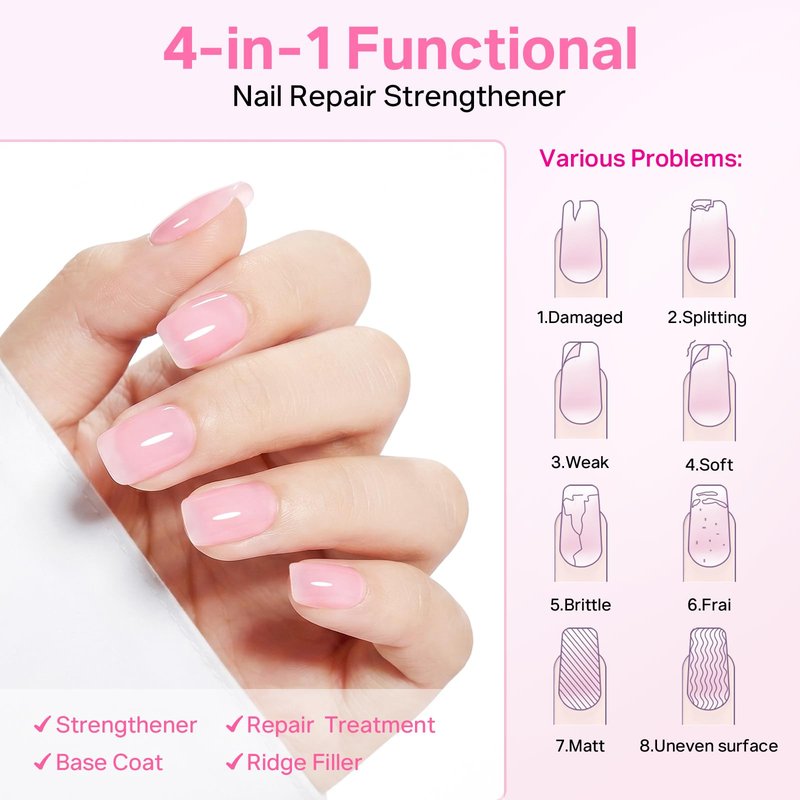MIZHSE Nail Strengthener and Growth Nail Hardener Extra Strong and Growth, Nail Repair for Thin and Damaged Nails, Concealer Ridge Filler Foundation Polish Pink 16ML