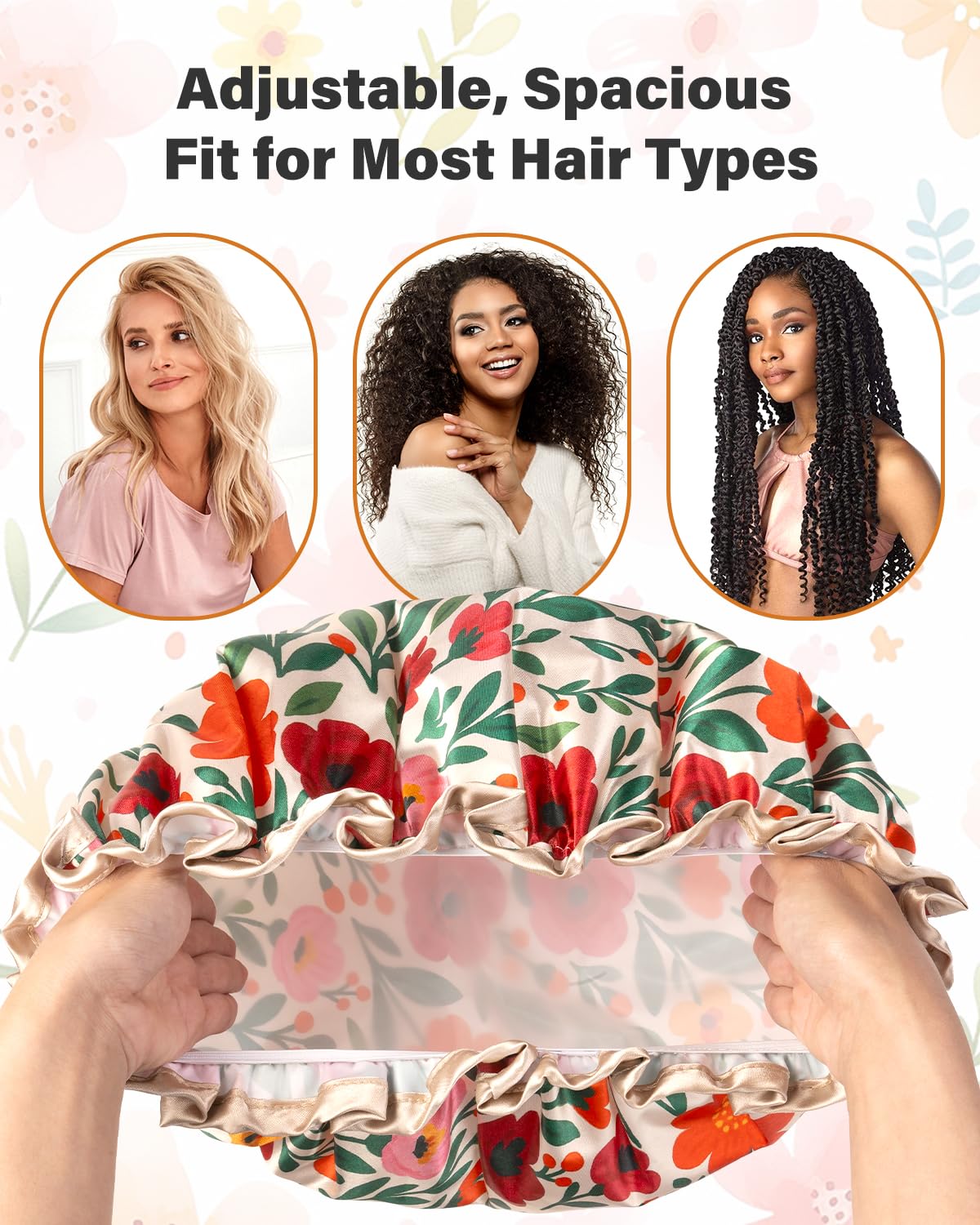 mikimini Large Shower Cap for Women Reusable Waterproof, Extra Large Hair Cap with Adjustable Elastic Band and Vibrant Floral Print, XL Bath Cap for Long Hair & Short Hair