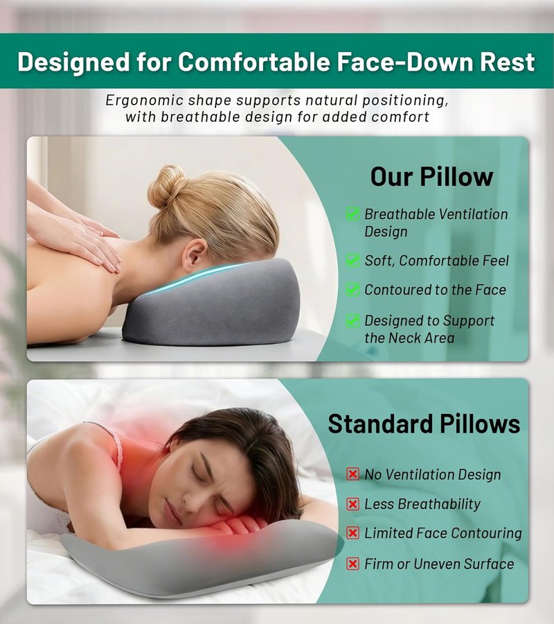 Face Down Pillow - Breathable Memory Foam Cradle for Massage & Prone Sleeping | Comfortable Stomach Sleeping Cushion
