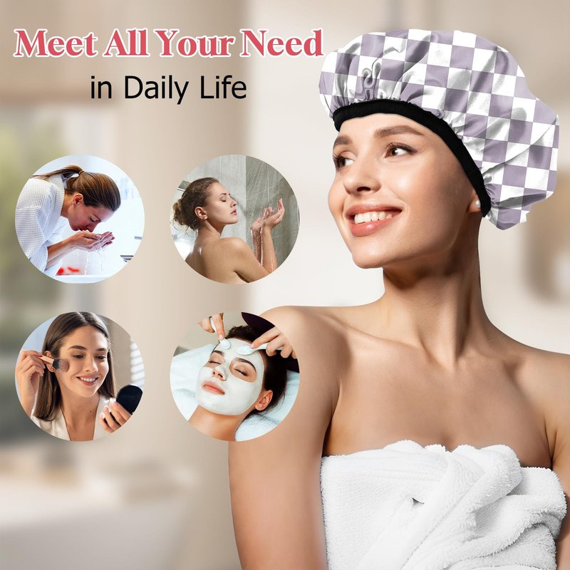 Deokke Luxury Shower Cap Terry Lined Elastic Triple Layer Waterproof Reusable Dry Hair Bathing Caps Aesthetic Cute for Women Girls-Purple Checkered