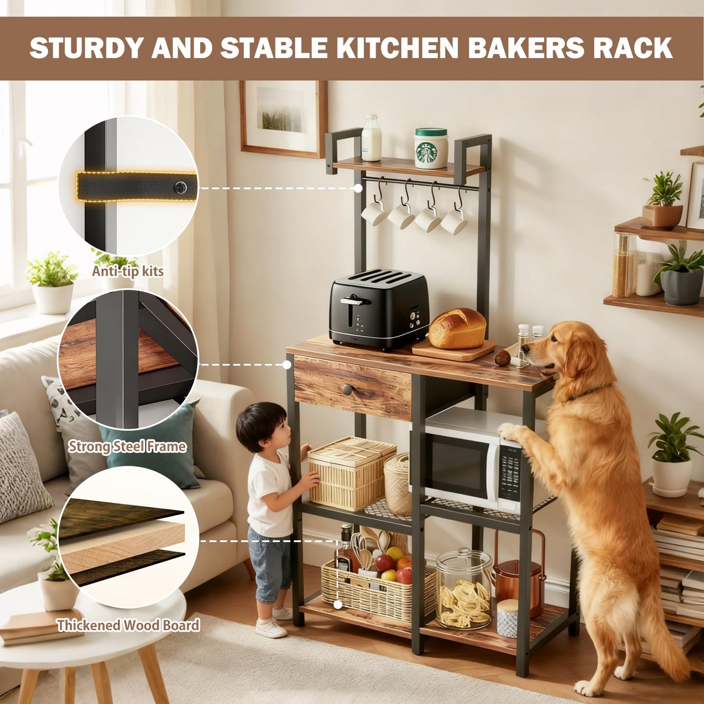 Bakers Rack with Storage,Microwave Stand with Drawer,6 Tier Coffee Bar Organizer Station,Adjustable Microwave Stand with Hooks,Free Standing Kitchen Appliance Storage Shelf,Baker Rack for Spices,Pots