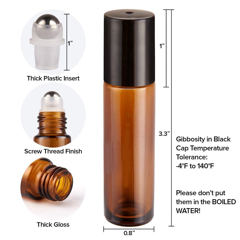 Hoa Kinh Roller Bottles for Essential Oils 10ml 48Pack Empty Amber Glass Perfume Roller Bottles with Stainless Steel Balls Refillable Roller Ball Applicator for Hair, Essential Oil