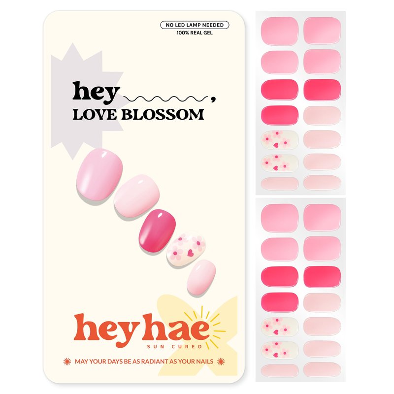 Heyhae Semi Cured Gel Nail Strips | No LED Lamp Needed | Pink, Valentines | Easy Apply & Remove, Salon Quality | Includes 28 Strips, 1 Prep Pads, Nail File & Wooden stick - Hey, Love Blossom