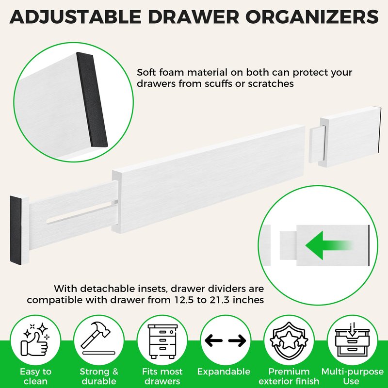 4 Pack Bamboo Drawer Dividers Organizer with Inserts 2.6'' High, Expandable from 12.5-21.7", Adjustable Drawer Organizer Separators for Utensils, Clothing, Office, Dresser, Bedroom, (White)