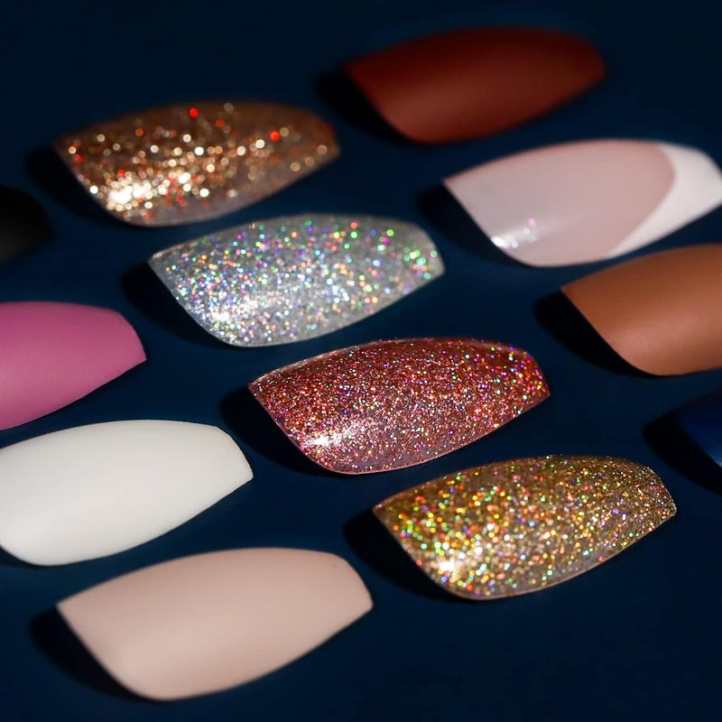 Press On Nails - 288PCS Matte Medium Length Acrylic Ballerina Coffin Nails | Glitter Full Cover Design