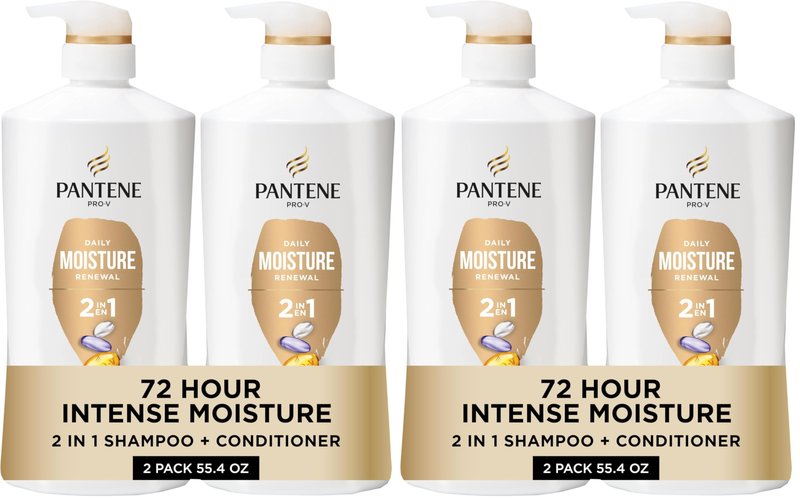 Pantene 2-in-1 Shampoo & Conditioner, Daily Moisture Renewal - Pro-V Nutrients for Dry, Straight to Curly Hair,72-Hour Hydration & Softness, 27.7 Oz Each, + Rescue Shot (0.5 Oz),2 Count (Pack of 2)
