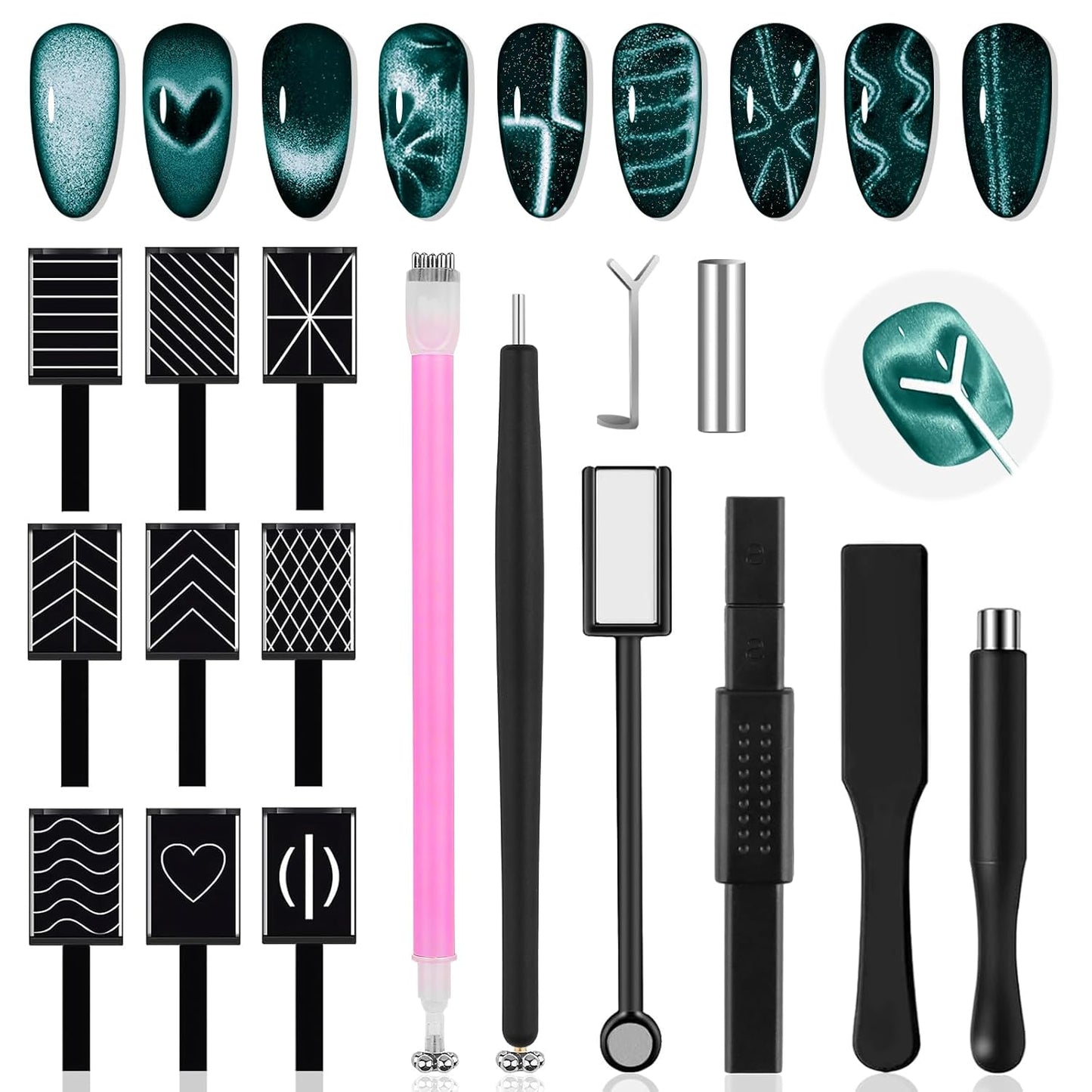 TOROKOM 17Pcs Nail Magnet Set - Cat Eye Gel Polish Magnet Wand & Heart Design Tools for Stunning Nail Art