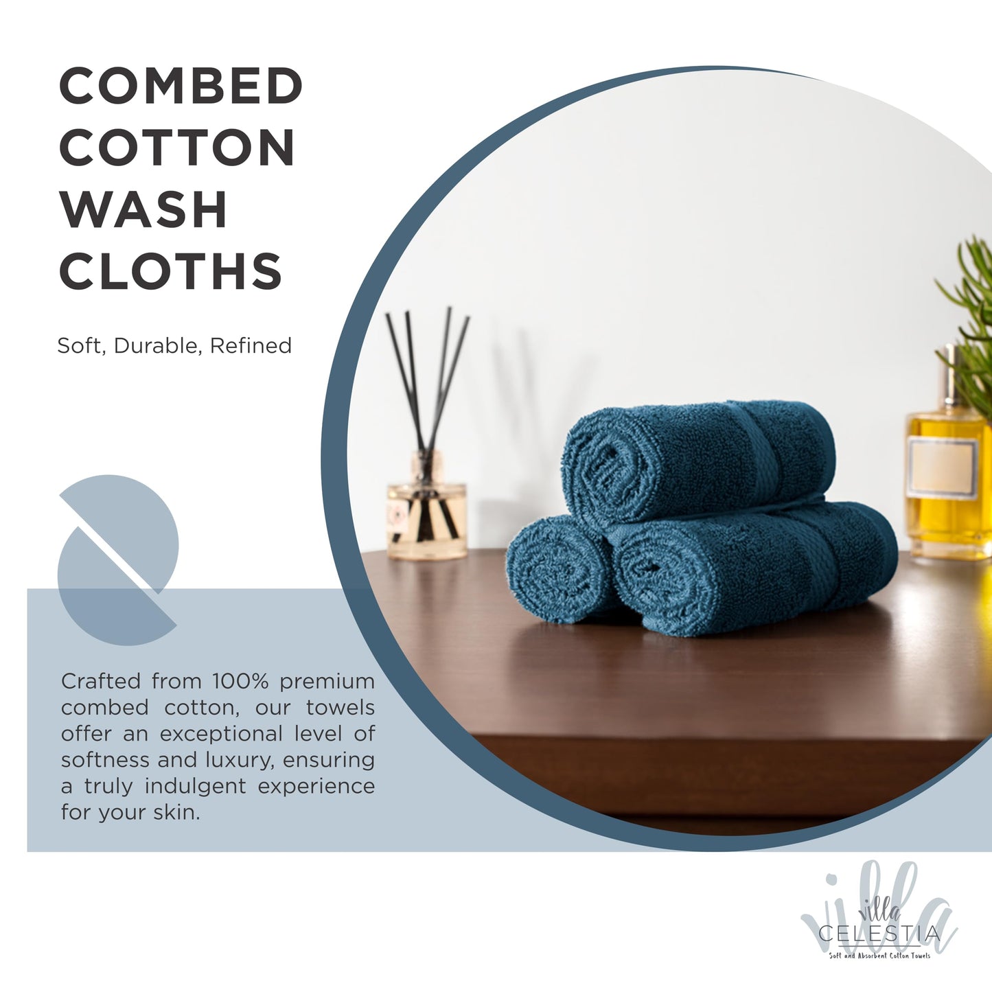 Villa Celestia Cotton Washcloths Set of 6, 12x12 Inch, 100% Ring-Spun Combed Cotton, Soft Absorbent Quick-Dry Wash Cloths for Face and Body, Oeko-TEX Certified, Hotel & Spa Quality, Blue