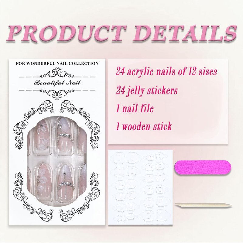 Almond Press on Nails Medium MABKJLF French Tip Fake Nails Ombre Handmade False Nails with 3D Floral Rhinestones Designs White Glossy Glue on Nail Elegant Acrylic Nails for Women Girls 24Pcs