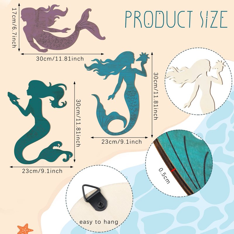 Qunclay Set of 3 Mermaid Wall Bathroom Decor Wooden Silhouettes Mermaid Art Hanging Farmhouse Ocean Themed Wall Decorations for Bedroom Room Accessories Rustic Elegant