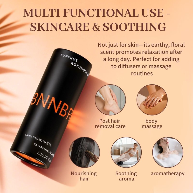 BNNBRGA Cyperus Rotundus Oil for Hair Removal – 5% Saw Palmetto Extract, Pure & Natural Hair Reduction Serum, Helps Slow Regrowth on Face & Body, Soothing & Moisturizing for All Skin Types, 60ml