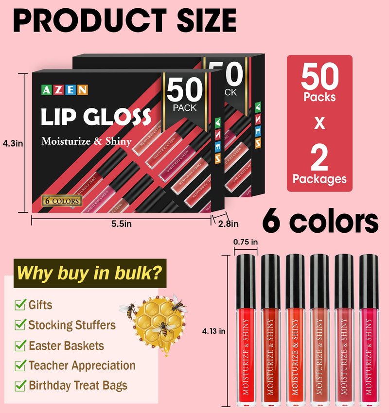 AZEN 100 Pack Lip Gloss Bulk Set, Shimmery Lip Gloss for Women and Girls With Rich Varied Colors, Mothers Day Gifts for Women