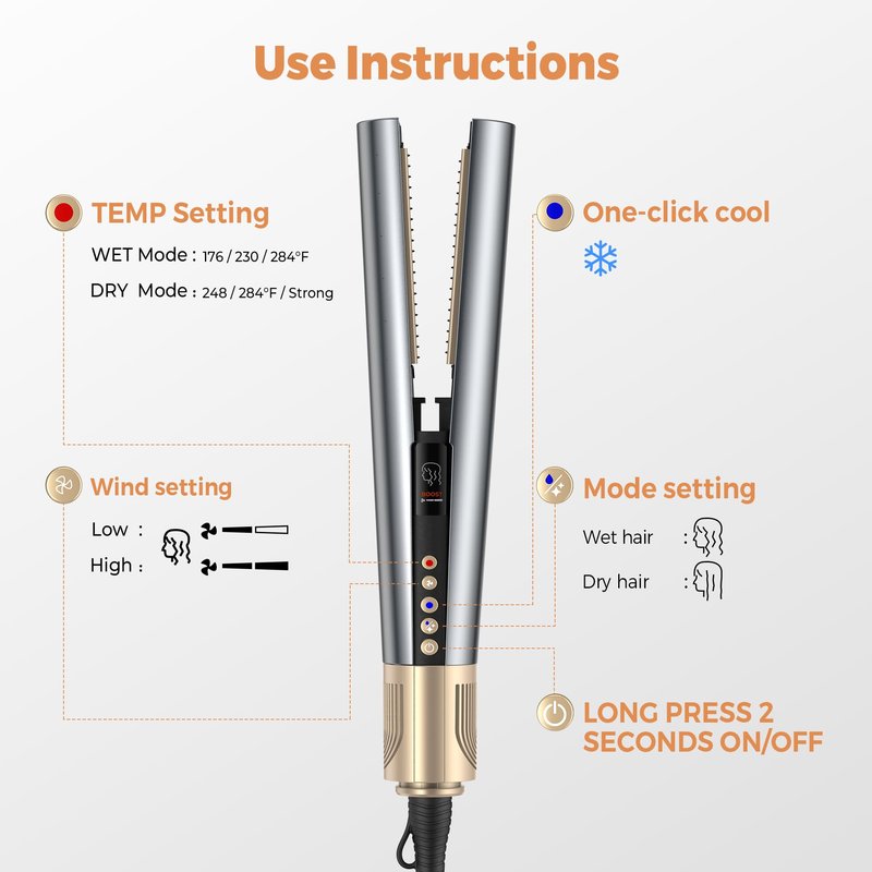 Hair Straightener 3 in 1 Wet to Dry High-Speed Airflow, Air Straightener Hair Dryer 2 Interchangeable Tool, No Heat Damage LCD Display Auto Shut-Off for All Hair Types