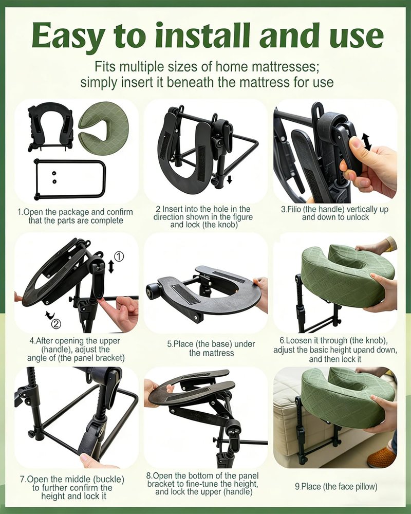 ivebed Massage Headrest for Bed, Adjustable Height Memory Foam Head Holder with Washable Pillow Cover, Portable Home Comfort Face Down Cradle Kit for Rest Neck Shoulder at Mattress (Green)