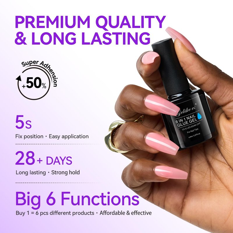 Gelike EC 6-in-1 Jelly Nail Glue Gel: Sheer Blush Pink UV Rubber Base Builder Gel for Apex Building & Short Extension – Extra Strong Adhesive for Press On & Acrylic Nail Tips for Home DIY Girls Gift