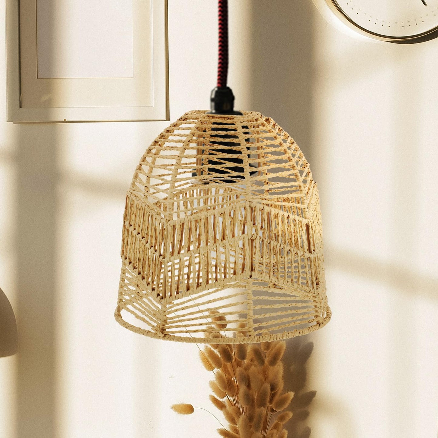 Rattan Lamp Shade, Boho Wicker Woven Pendant Light Lamp Shades Replacement for Chandelier, Floor Table Hanging Light