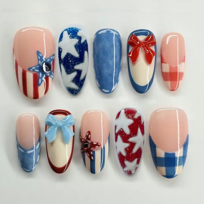 30Pcs French Tip Press on Nails Medium Almond 4th of July Fake Nails with Star & Bow Designs Red White Blue Independence Day Glue on Nails Reusable Acrylic False Nails for Women Patriotic Holiday Nail