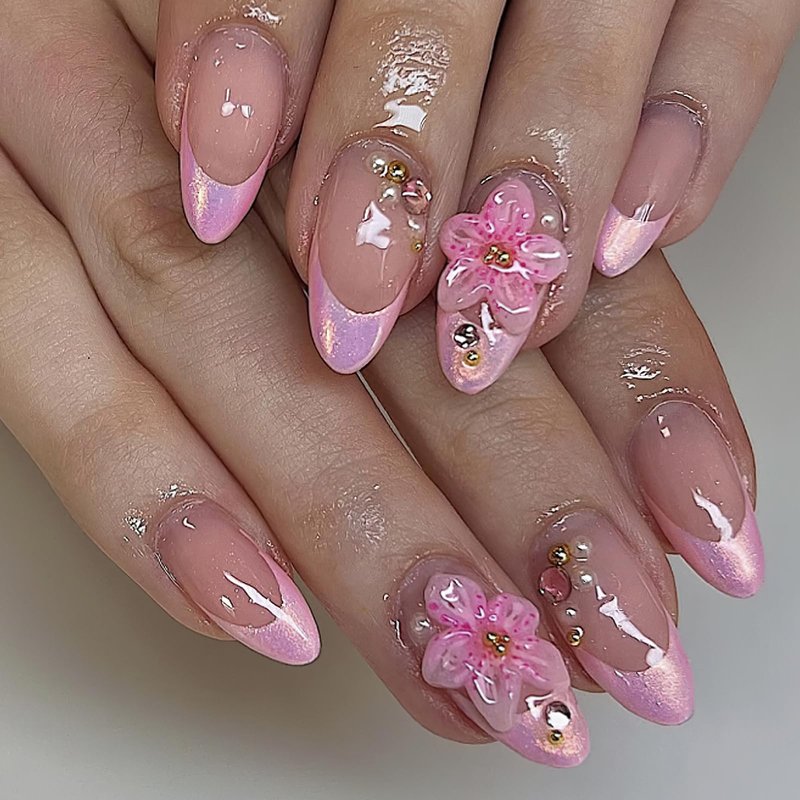 Jremg Pink Chrome Press on Nails Medium Almond Fake Nails with Rhinestones Designs Adorable 3D Pink Floral False Nails Reusable Glossy Artificial French Tip Glue on Nails for Women 24Pcs