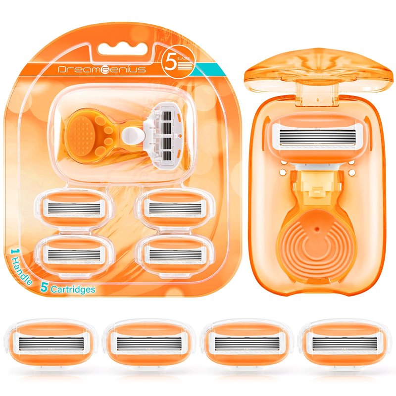 DreamGenius Travel Razors for Women Include 1 Handle and 5 Cartridges, Extra Smooth 5-Blade Travel Essentials Razor with Case for Shaving, Orange