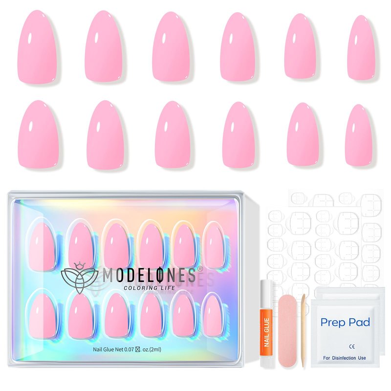 Modelones Pink Press on Nails Almond, Summer Short Almond Fake Nails, Reusable Nail Kit with Nail Glue Adhesive Tabs Mini Nail File, Nails Press Ons 32Pcs 16 Sizes