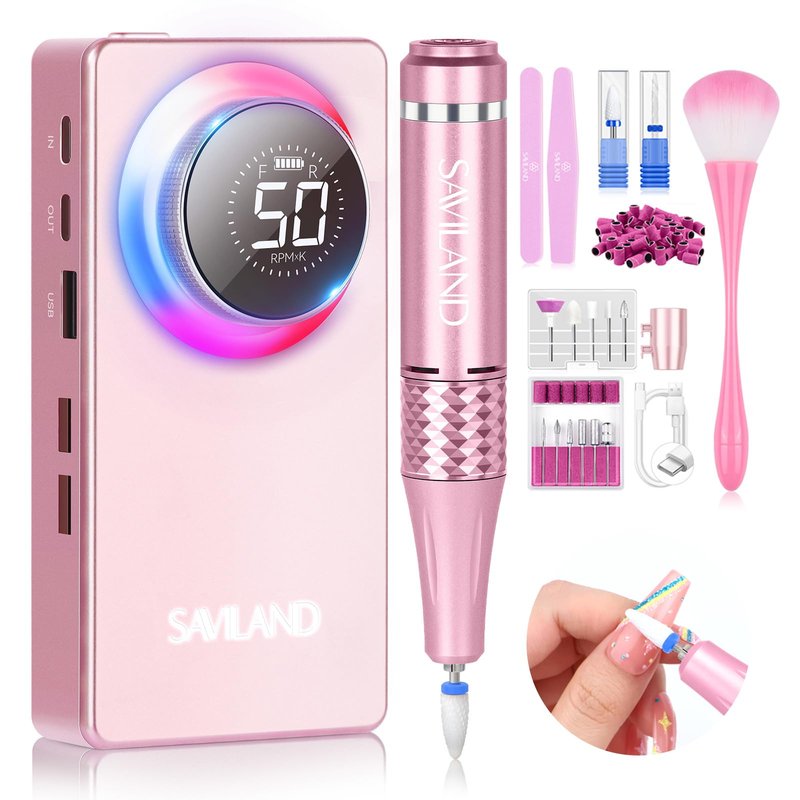 SAVILAND Electric Nail Drill 50000 RPM: Cordless Electric Nail File 10 H Battery Life Rechargeable Nail Drill Kit with Ceramic Drill Bits for Acrylic Nail Removal Ambient Light Black and Pink Ombre