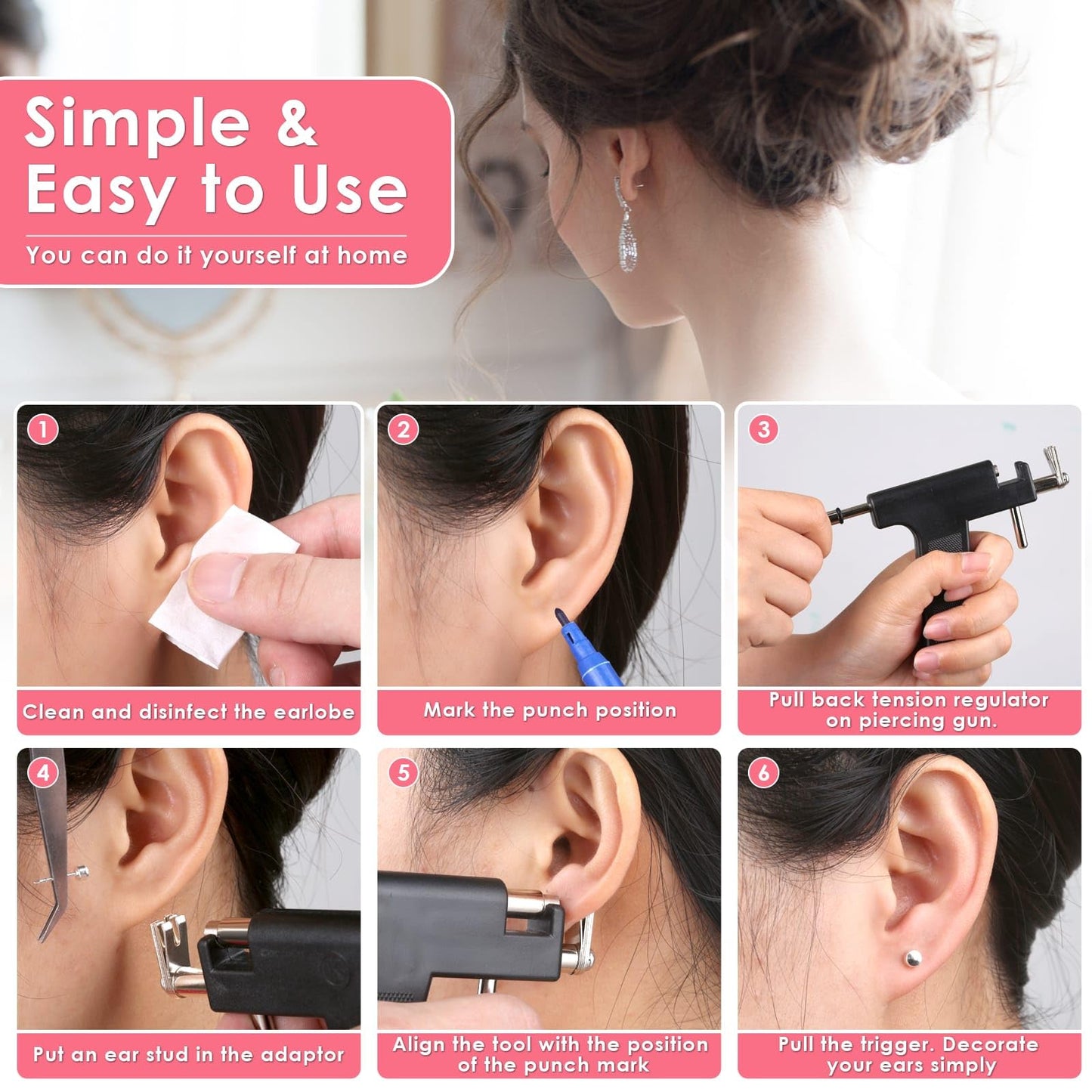 Professional Ear Piercing Gun Kit, Reusable Piercing Gun with Stainless Steel Piercing Earrings Studs, Crystal Earrings for At Home Salon Earlobe Cartilage Helix Tragus Piercing Tool Kit
