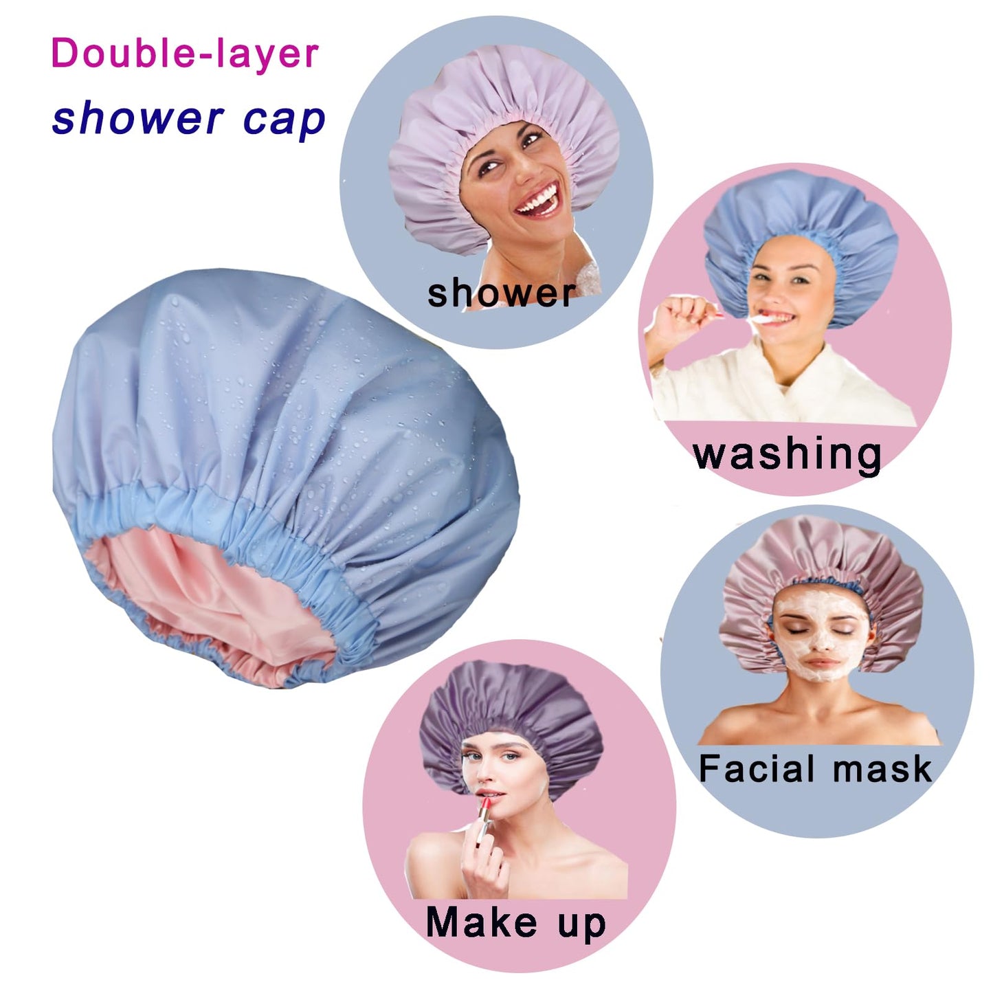 Genergy 2pcs Shower Cap for Women,Including Travel bag and Satin Scrunchy. Frizz-Free Silky Liner, Waterproof Reusable Large Bath Cap for Short and Long Thick Hair, Soft Adjustable Elastic, Non-slip.