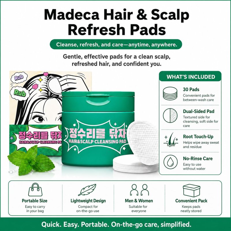 Madeca Hair & Scalp Cleansing Pads | All-in-One No-Rinse Hairline & Scalp Refresh Pads for On-the-Go Care Convenient Wipes for Post-Workout, Travel & Busy Days, Light Fresh Feel, 30 Pads