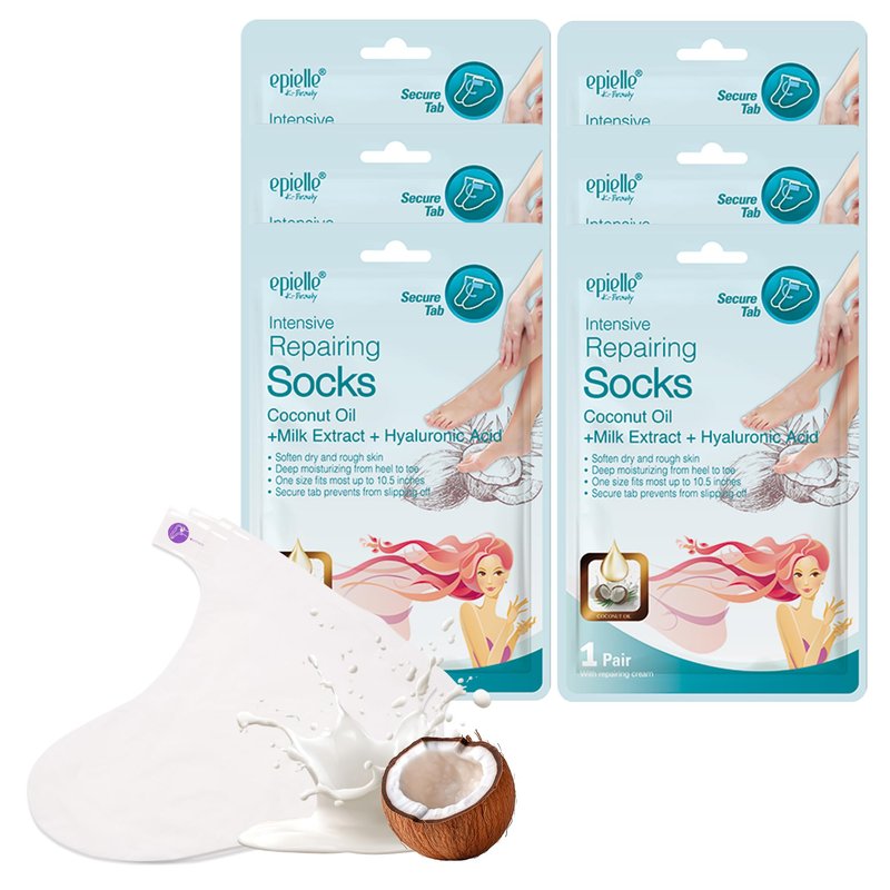 Epielle Intensive Repairing Foot Mask 6 Pairs, Soften with Coconut Oil & Milk Extract, Deep Moisturizing Socks for Dry, Cracked Feet, Self Care Gifts for Women, Spa Kit, Mothers Day Gifts