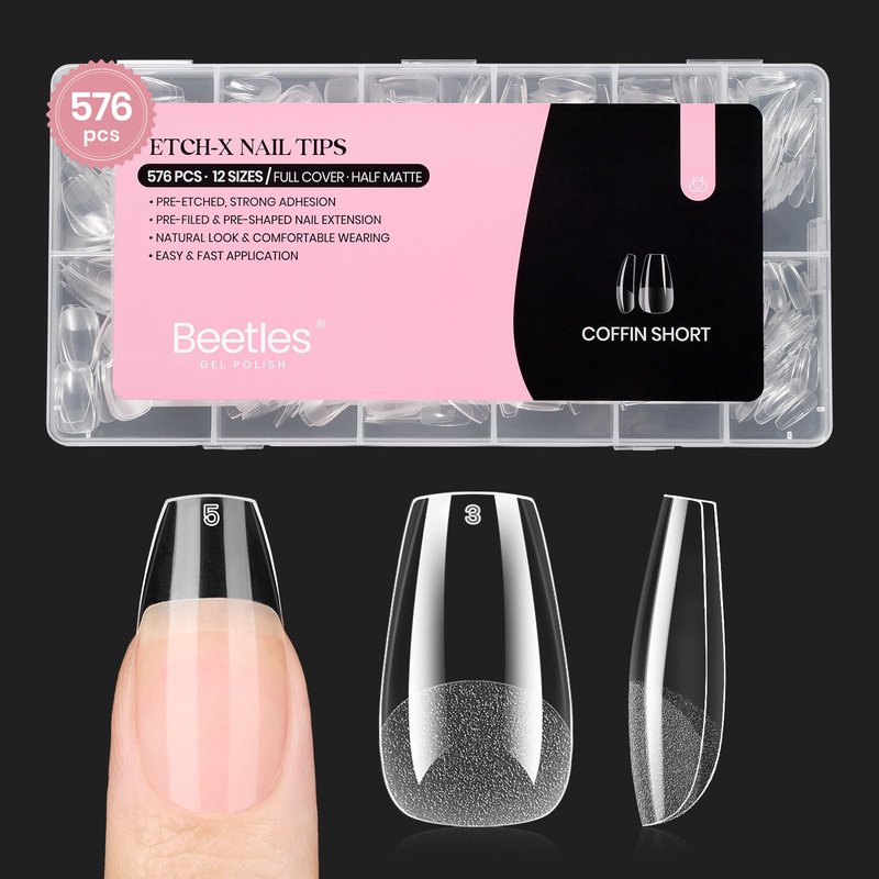 Beetles Gel Nail Tips Short Coffin 576 PCS Half Matte Pre-shape Short Fake Nails 12 Sizes Full Cover Acrylic False Nails Extension DIY Manicure Gifts for Women