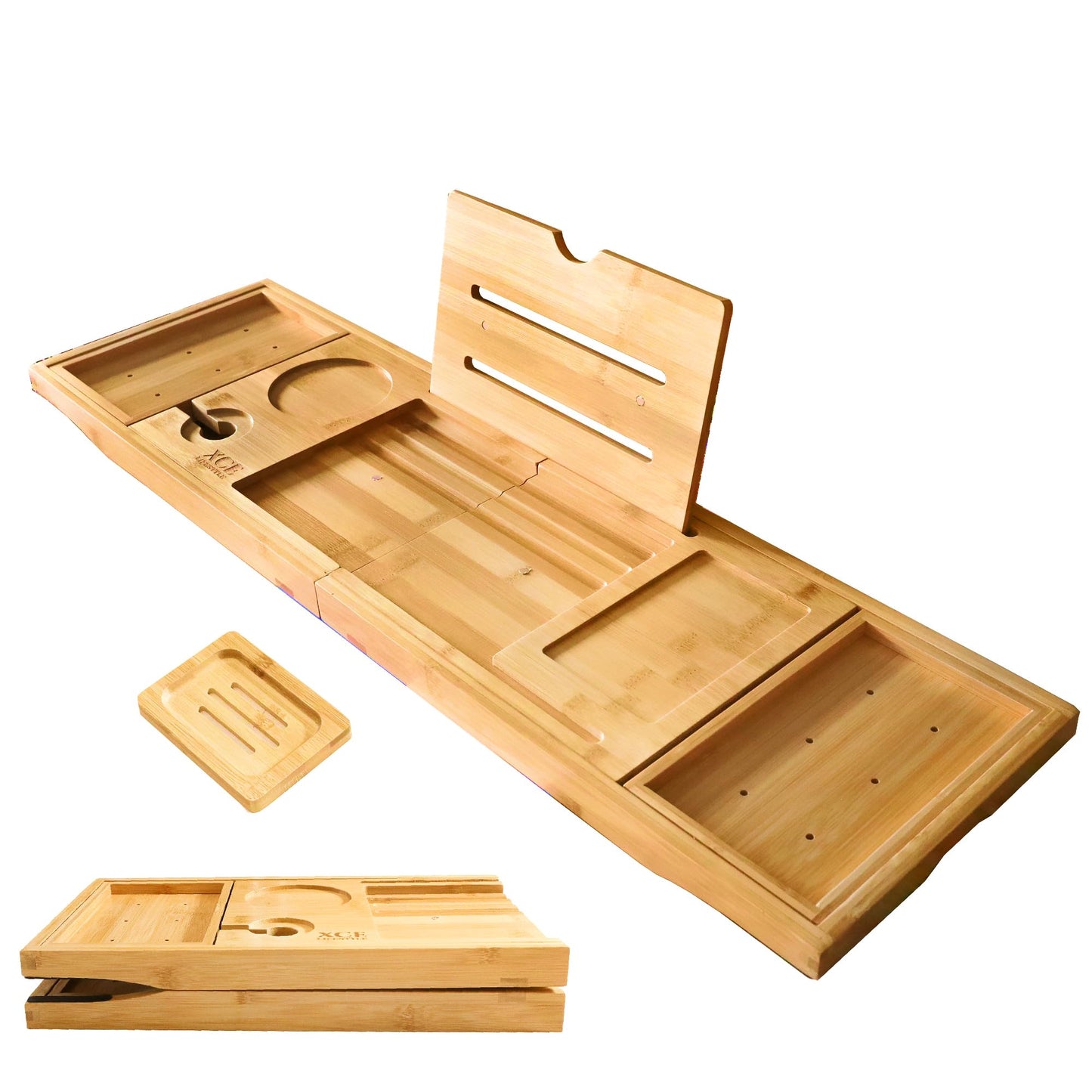 XcE Foldable Acacia Wood Bathtub Caddy Tray - Expandable to 40 Inches with Non-Slip Pads for Couples Luxury Bath