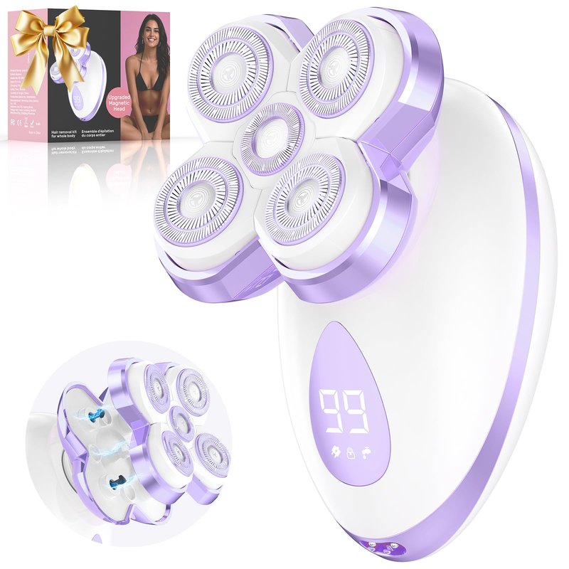 Electric Razors for Women - Upgraded Electric Shaver for Women with Magnetic Heads, Rotary Hair Remover Kit for Legs Bikini Face, Lady Trimmer for Sensitive Skin, Detachable and Waterproof, Lavender