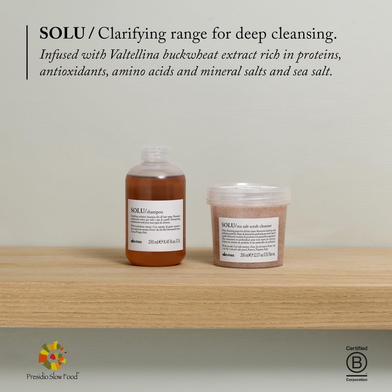 Davines SOLU Shampoo, Deep Cleansing from Accumulation or Residues of Styling Products for Normal to Heavily-Styled Hair - Gives a Refreshed Scalp with Soft & Shiny Strands with Buckwheat, 8.45 Fl Oz