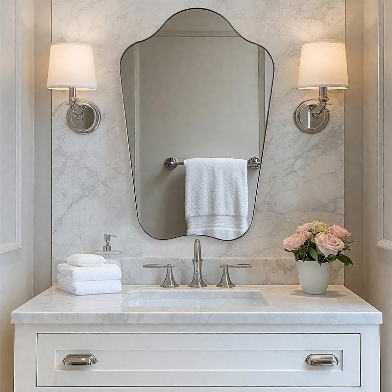 ANDY STAR Brushed Nickel Bathroom Mirror, 24x36 Scalloped Wall Mirror for Vanity, Asymmetrical Shaped Mirror for Entryway, Bedroom, Anti-Rust Stainless Steel Frame