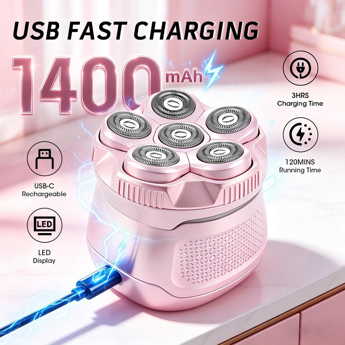RESUXI Electric Shaver for Women, 6D Men's Magnetic Razors, Wet & Dry Body Hair Trimmer, IPX6 Waterproof, LED Display, USB Fast Charge, Cordless Grooming Kit Gifts (Pink)